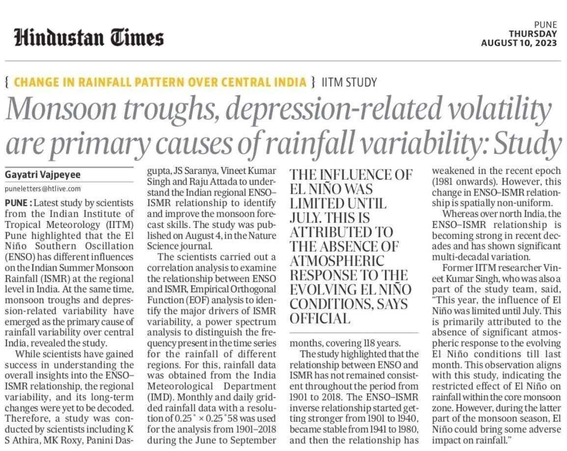 ENSO-ISMR Linkages Featured in Hindustan Times